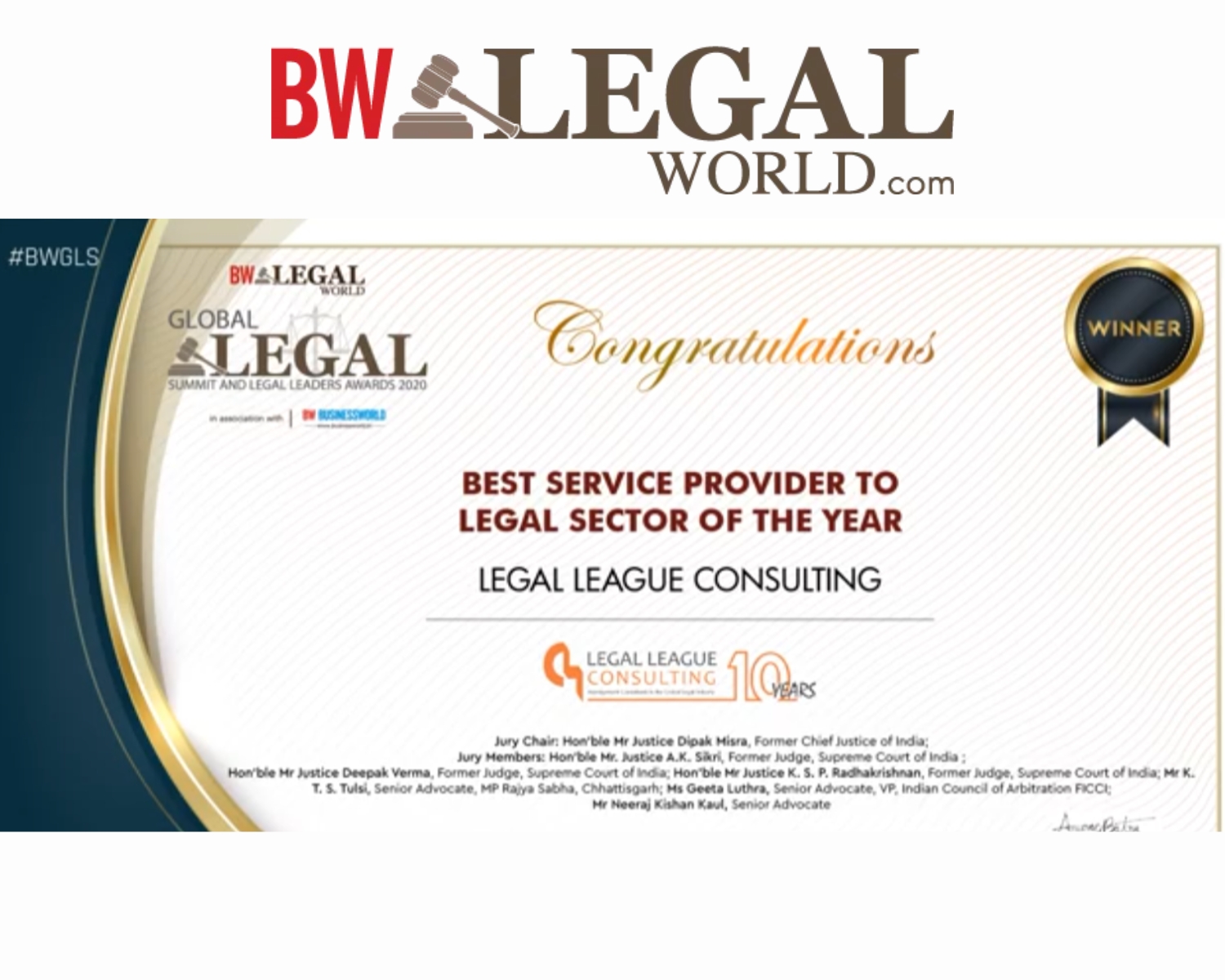 BW Legal World Global Legal Leaders Award 2020 – “Best Service Provider to Legal Sector of the Year